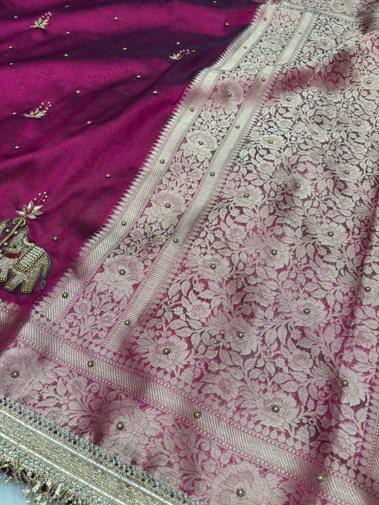 Wine Tissue Saree with Handcrafted Zardozi Elephant Motifs (T7)