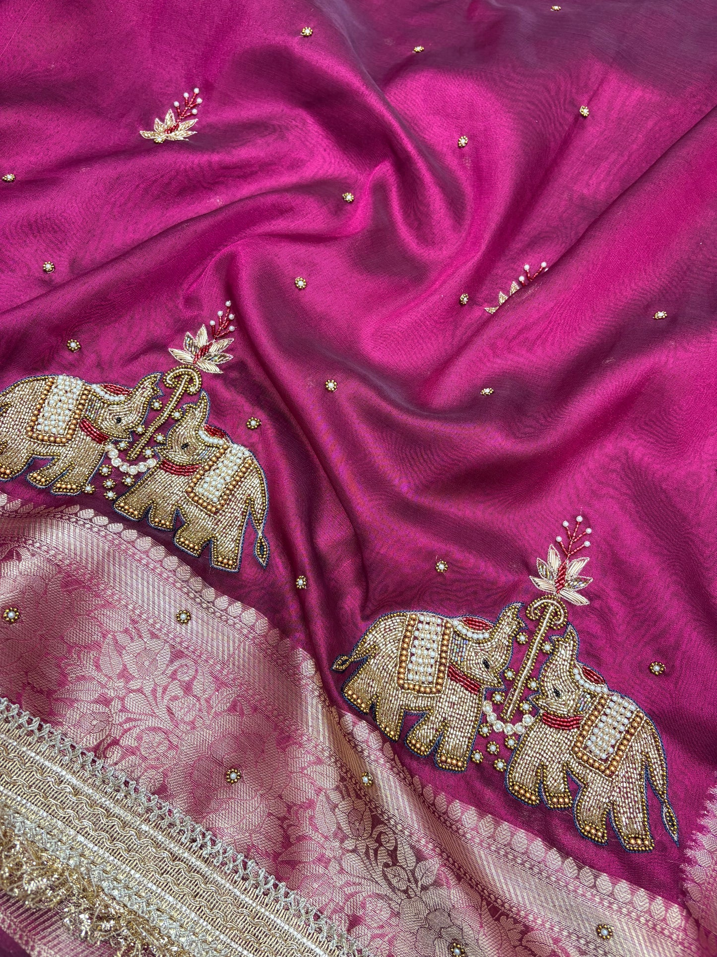 Wine Tissue Saree with Handcrafted Zardozi Elephant Motifs (T7)
