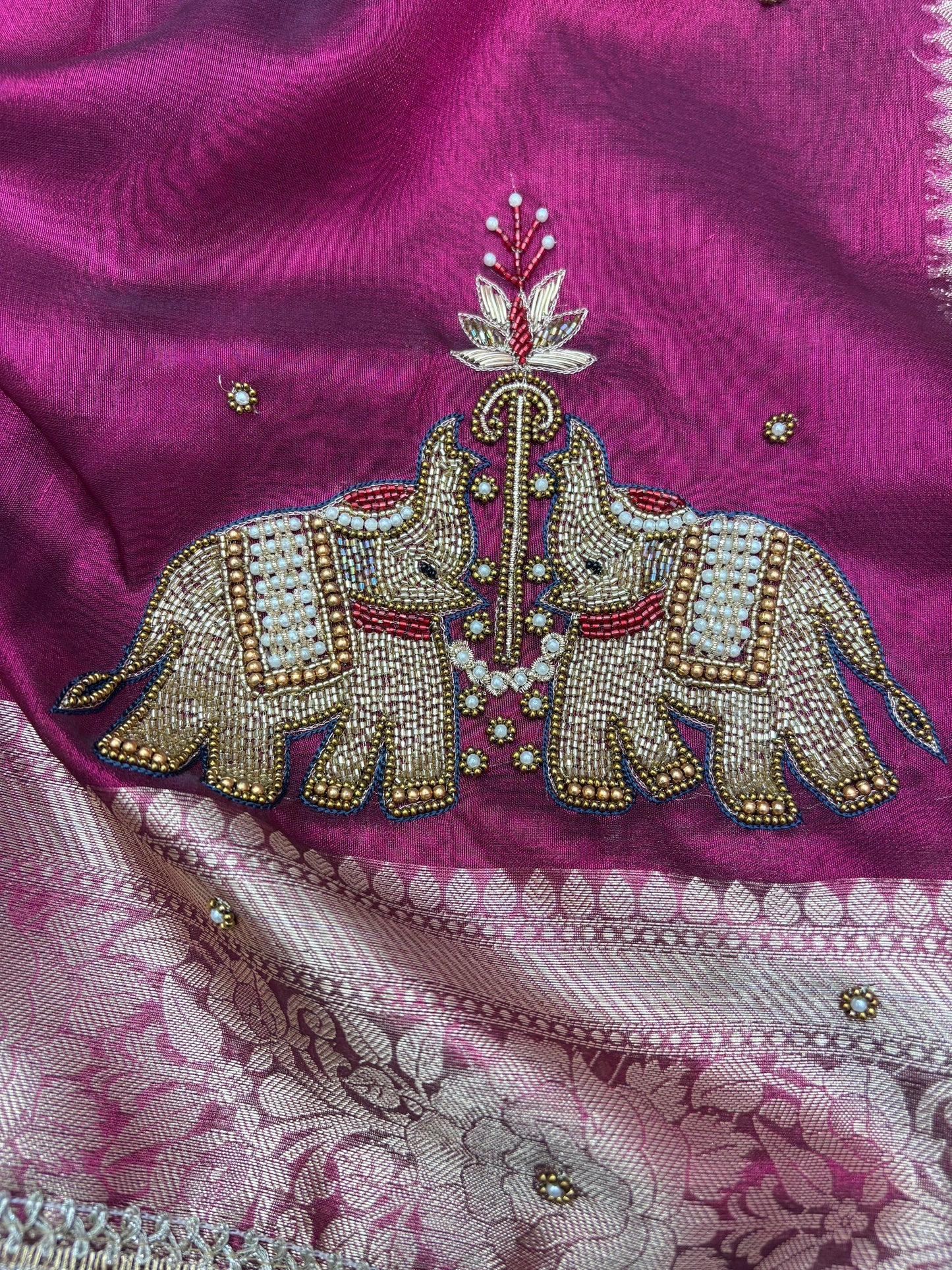 Wine Tissue Saree with Handcrafted Zardozi Elephant Motifs (T7)