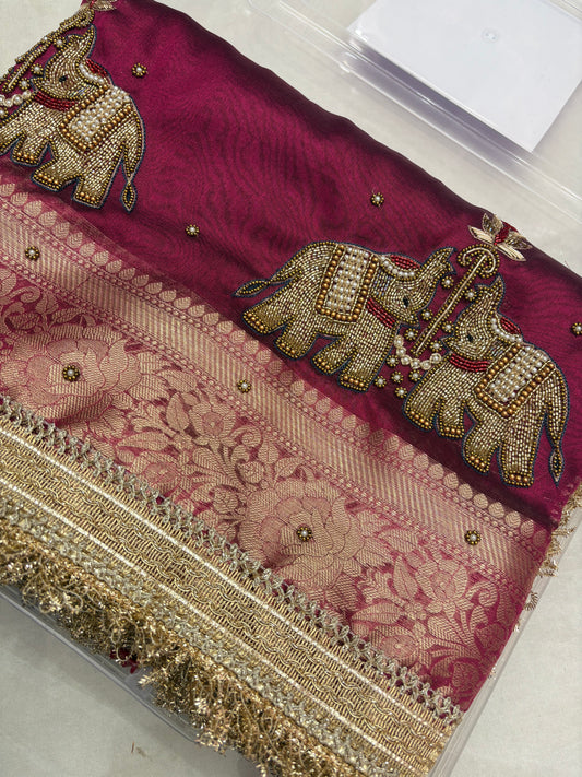 Wine Tissue Saree with Handcrafted Zardozi Elephant Motifs (T7)