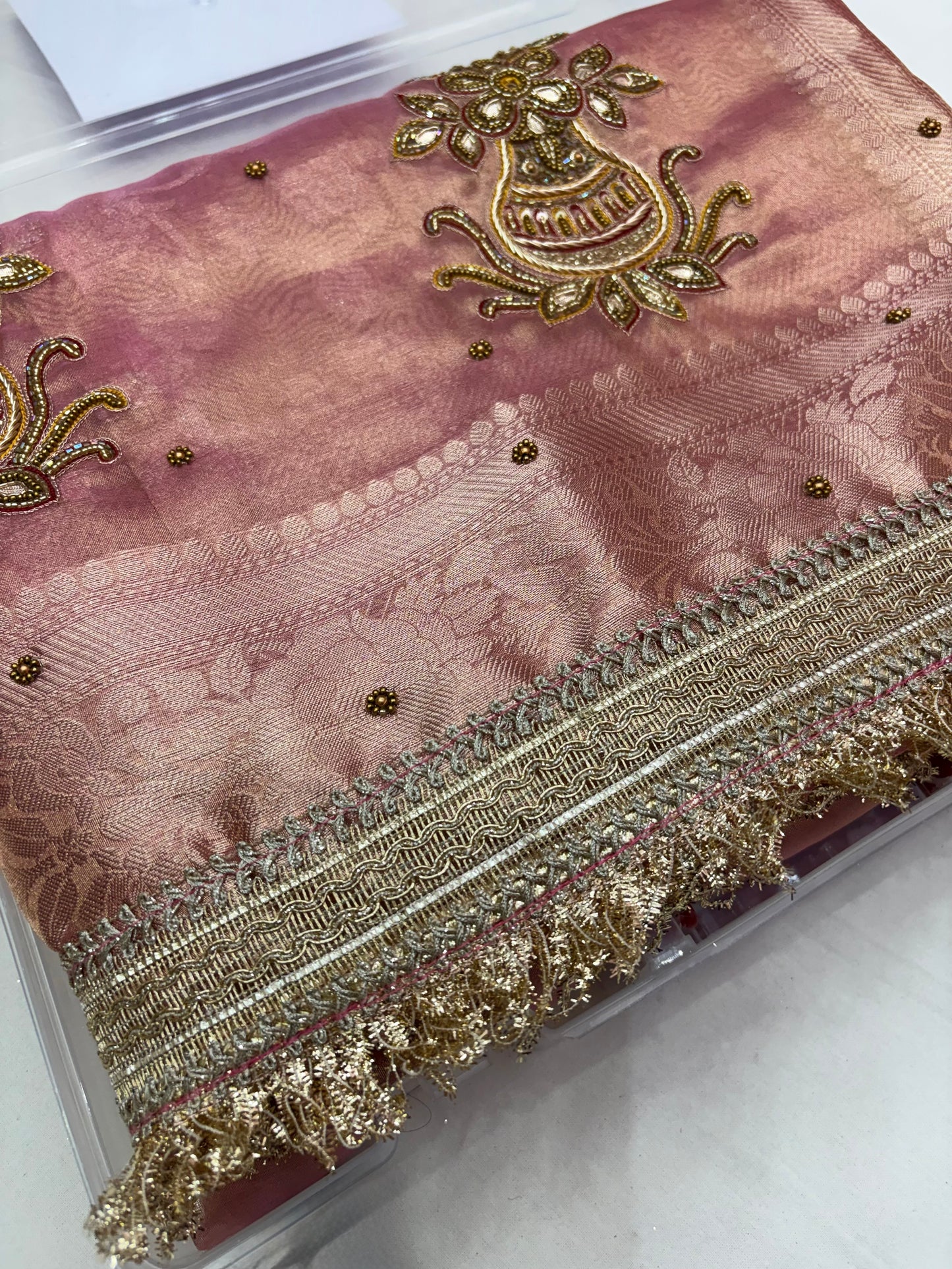 Banarasi Tissue Saree in Blush Pink with Zardozi Kalash Work (T12)