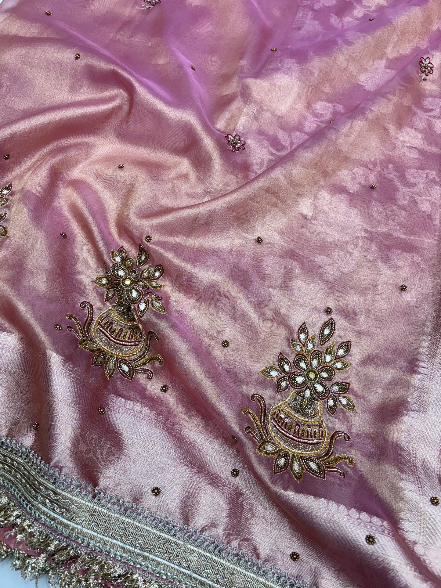 Banarasi Tissue Saree in Blush Pink with Zardozi Kalash Work (T12)