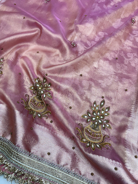 Banarasi Tissue Saree in Blush Pink with Zardozi Kalash Work (T12)