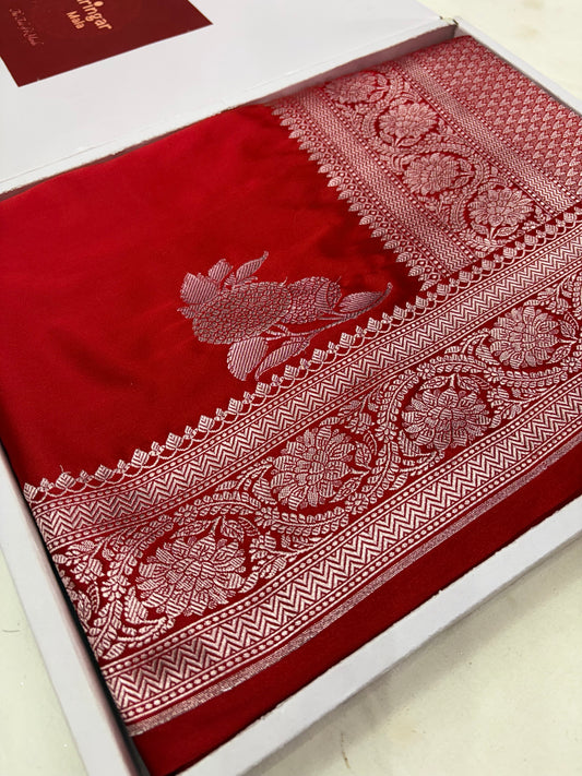 Banarasi Mashru Katan Saree in Royal Red with Silver Zari Buti Weaving K69