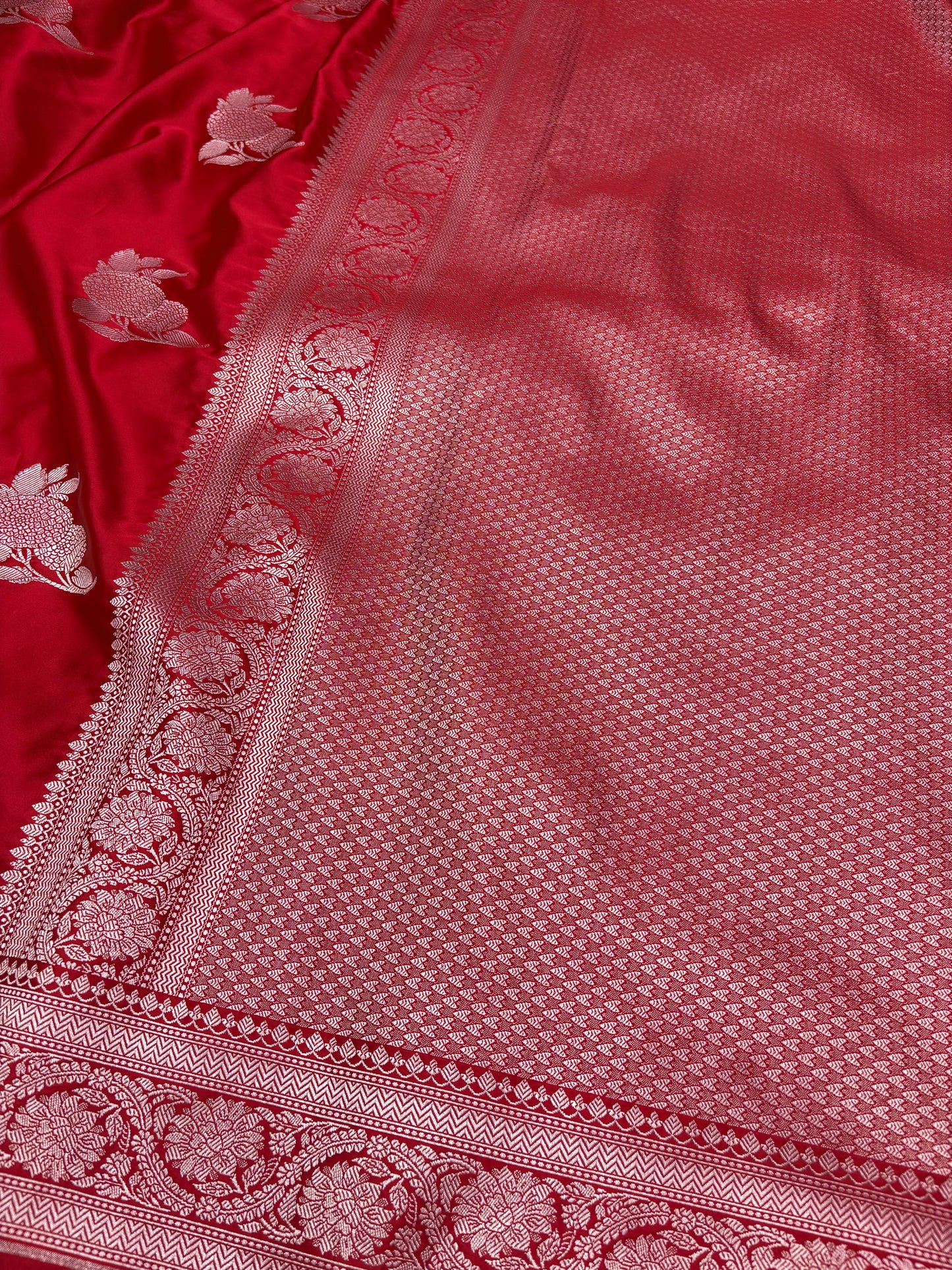 Banarasi Mashru Katan Saree in Royal Red with Silver Zari Buti Weaving K69