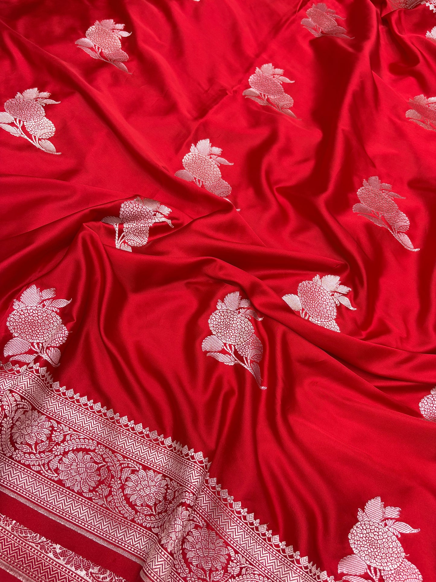 Banarasi Mashru Katan Saree in Royal Red with Silver Zari Buti Weaving K69